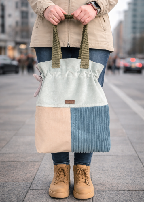 Corduroy shopper bag, sea beige, khaki blue
