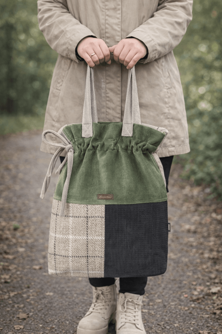 Torba na ramię handmade patchwork Oliwkowa Beżowa Czarna