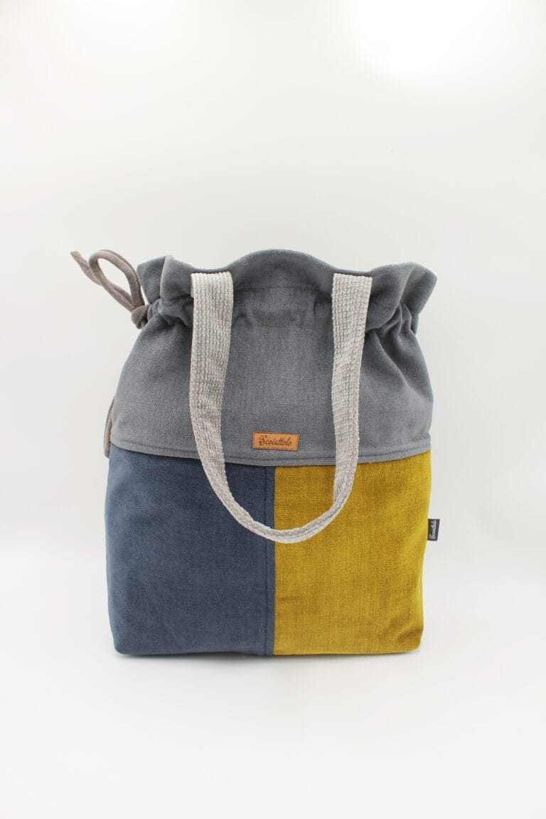 Torba na ramię handmade niebieskoszara z musztardą