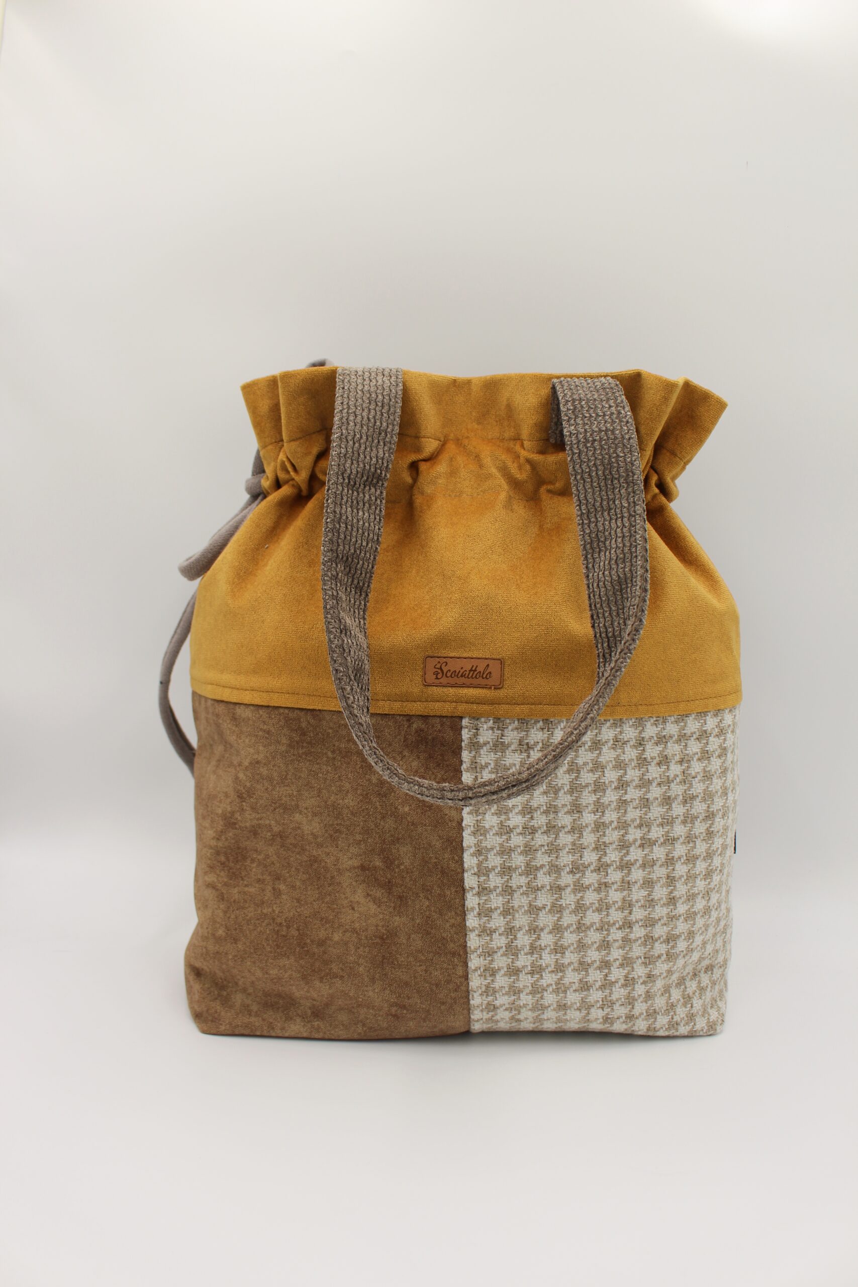 Torba na ramię handmade patchwork miodowo brązowo beżowa pepitka