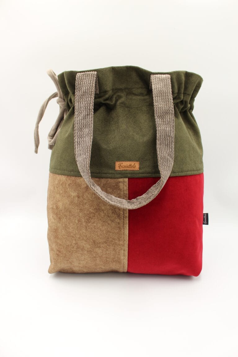 Torba shopper patchwork oliwkowo beżowa i czerwień