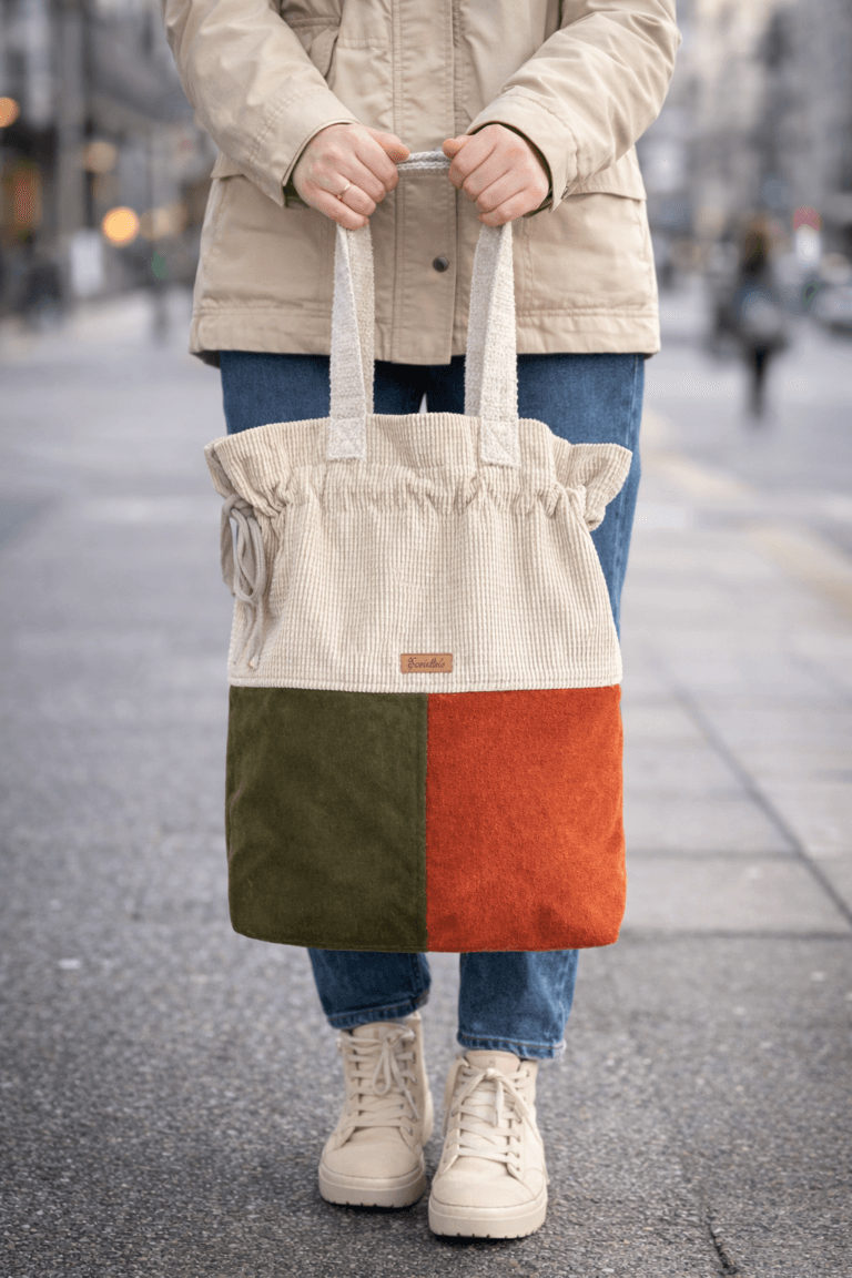 Torba shopper handmade beżowa, khaki pomarańcz