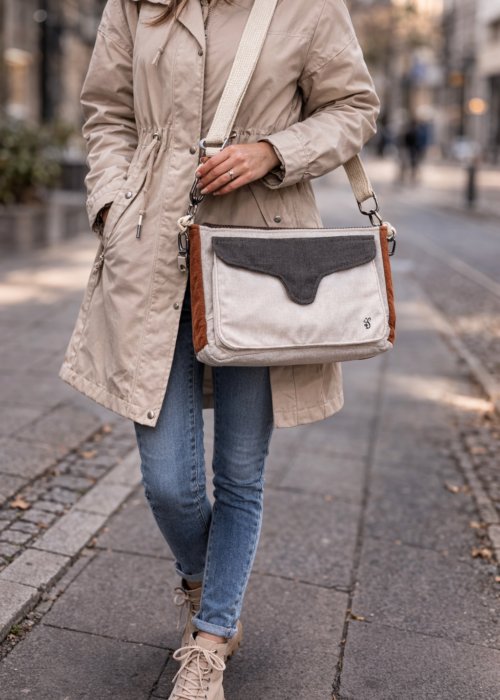 Handmade patchwork messenger bag in beige, brown, brick, ecru
