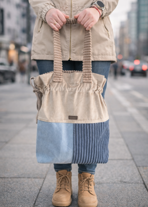 Handmade shopper bag in light blue, navy blue, beige corduroy