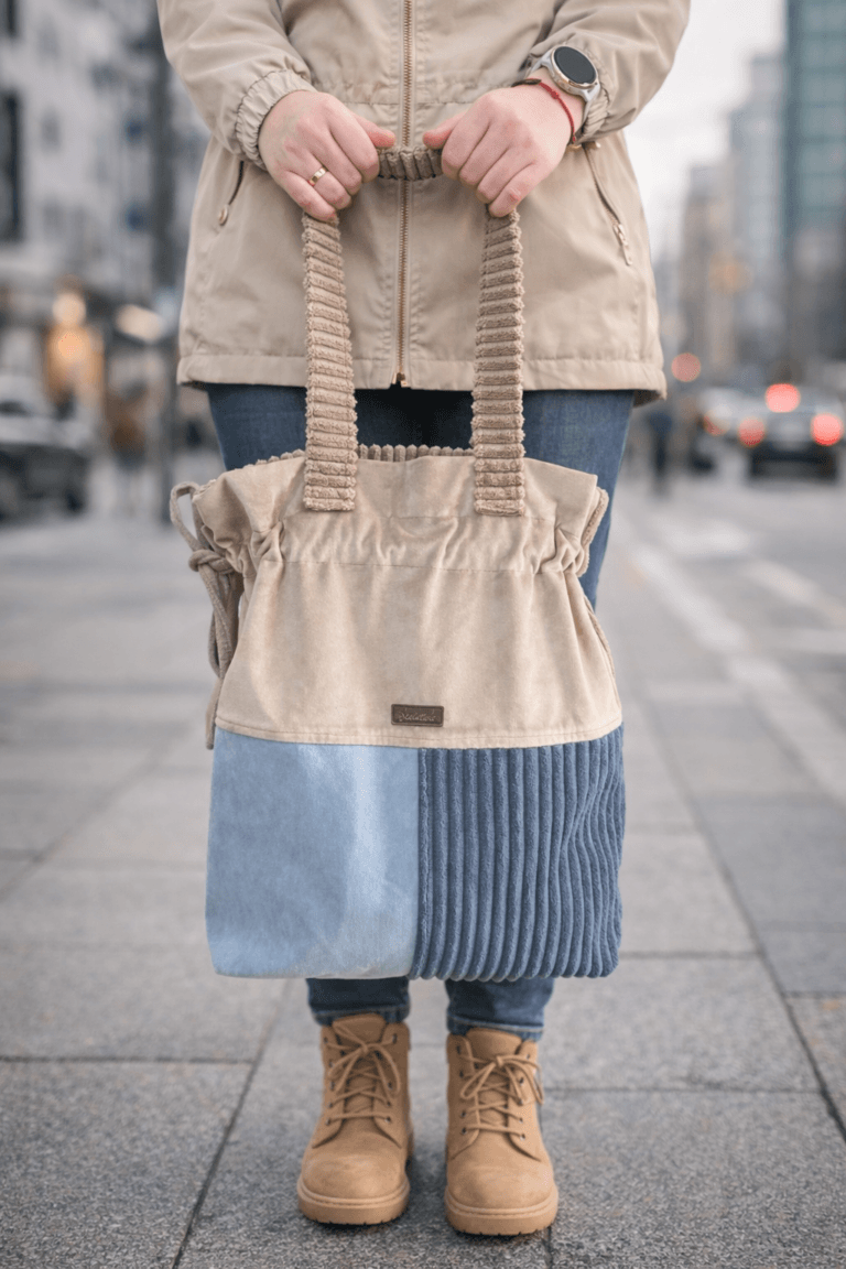 Torba shopper handmade błękitna granatowa beżowa sztruksowa
