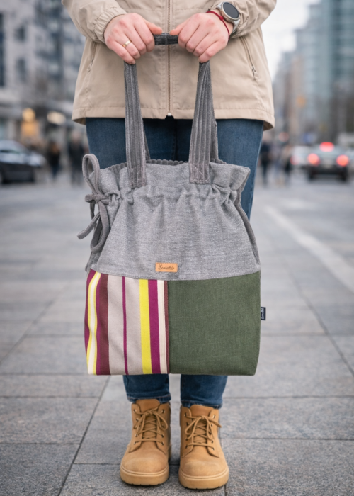 Handmade shopper bag, gray with stripes, khaki