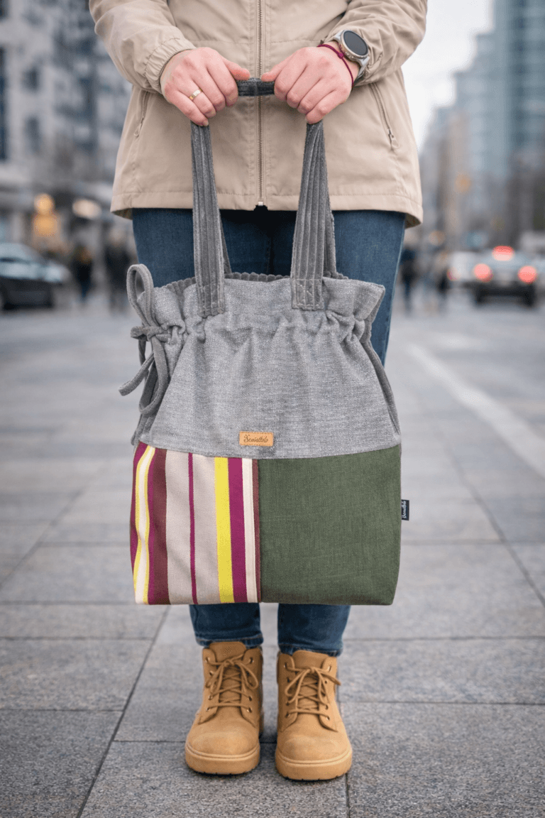 Torba shopper handmade, szara w paski, khaki