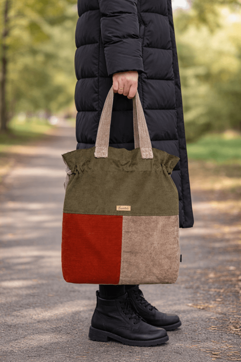 Torba handmade khaki beżowa, zgaszony pomarańczowy
