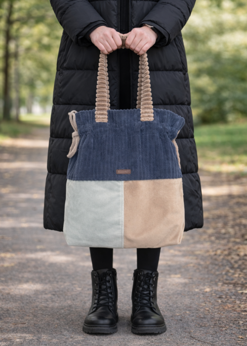 Navy blue, beige, and light blue shopper bag