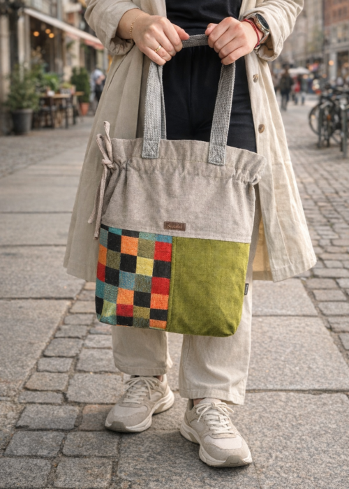 Lime, beige, gray, checkered patchwork shopper bag