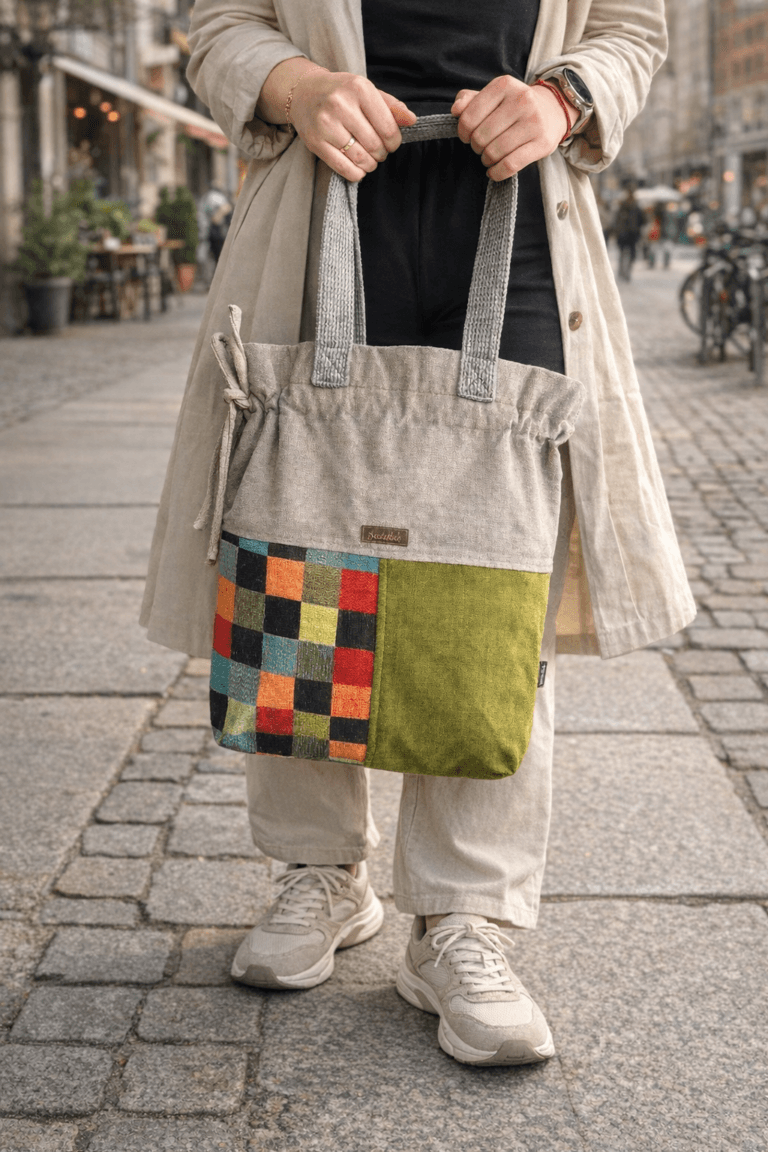 Torba shopper patchwork limonkowa, beżowa, szara, w kratkę