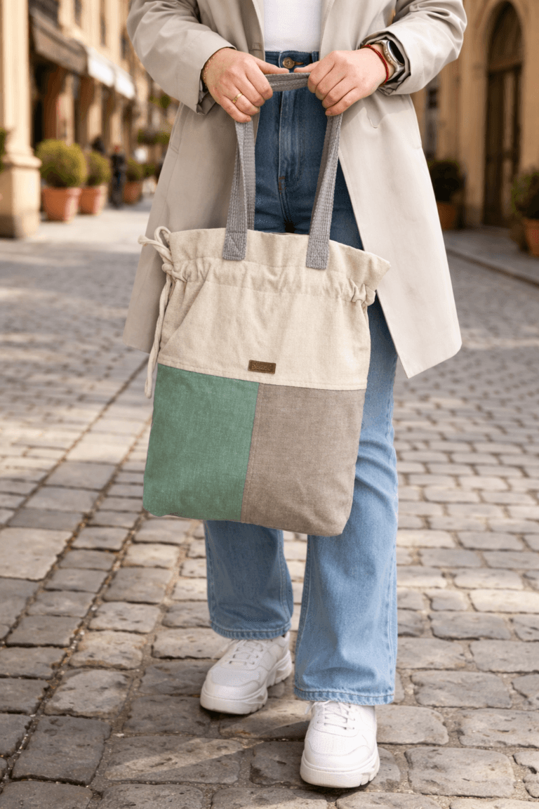 Wiosenna torba handmade miętowa, szara, ecru